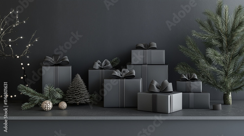 Obraz na płótnie A serene setup of sleek Christmas gifts in a 3D render, featuring minimalist monochrome wrapping and subtle ribbons, displayed on a simple modern surface with very few holiday accents w salonie