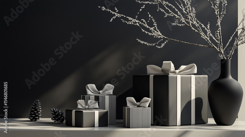 Obraz na płótnie A serene setup of sleek Christmas gifts in a 3D render, featuring minimalist monochrome wrapping and subtle ribbons, displayed on a simple modern surface with very few holiday accents w salonie