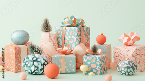 Obraz na płótnie A festive ensemble of Christmas gift icons with unique patterns and colorful ribbons, ideal for graphic designs and presentations, soft pastel color palette w salonie
