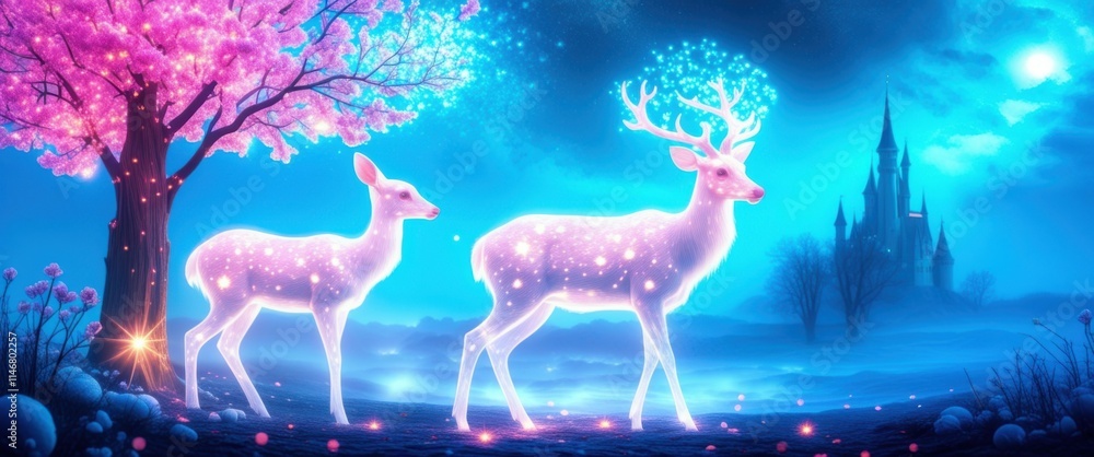 Fantasy forest, magical deer, glowing cherry blossom tree, full moon, starry night sky, ethereal atmosphere, bioluminescent plants, mystical landscape, dreamy colors, surreal nature scene, spirit anim Fantasy forest, magical deer, glowing cherry blossom tree, full moon, starry night sky, ethereal atmosphere, bioluminescent plants, mystical landscape, dreamy colors, surreal nature scene, spirit anim