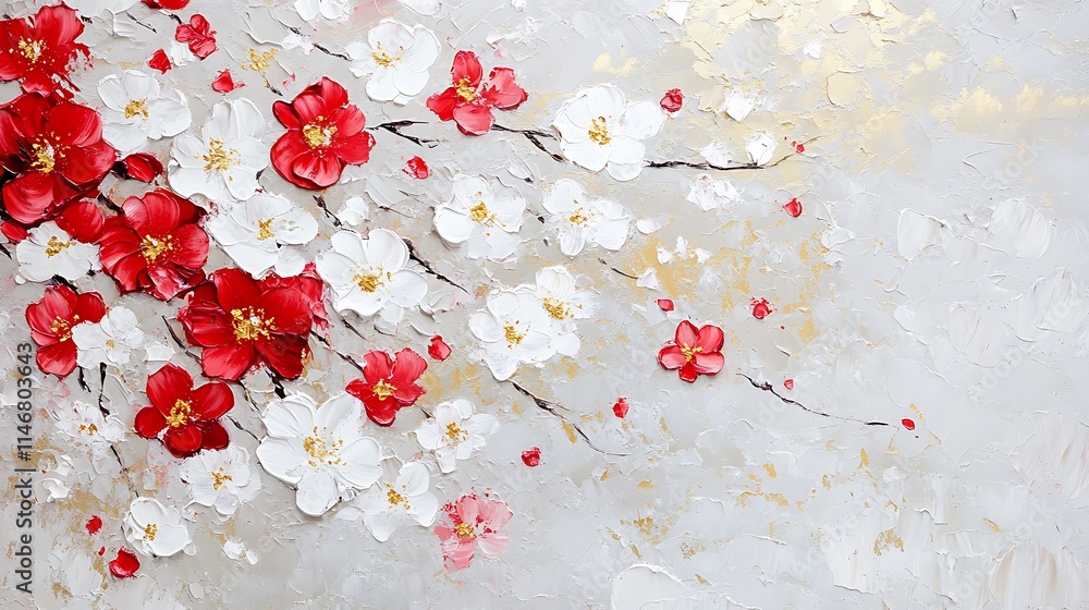 An abstract oil and acrylic painting of white and red cherry blossoms with delicate gold details, creating an elegant and textured background perfect for a wallpaper design An abstract oil and acrylic painting of white and red cherry blossoms with delicate gold details, creating an elegant and textured background perfect for a wallpaper design