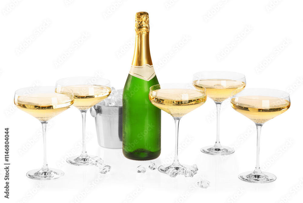 Champagne and bucket with ice isolated on white Champagne and bucket with ice isolated on white
