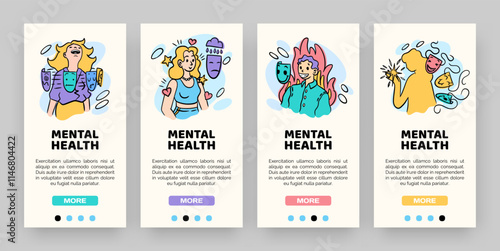 Mental health onboarding banners. Mobile interface. psychological consultation. Fake face mask. Hypocrisy and insincerity. Liar mind. Bipolar disrober. Phone screen menu. Smartphone app UI vector set