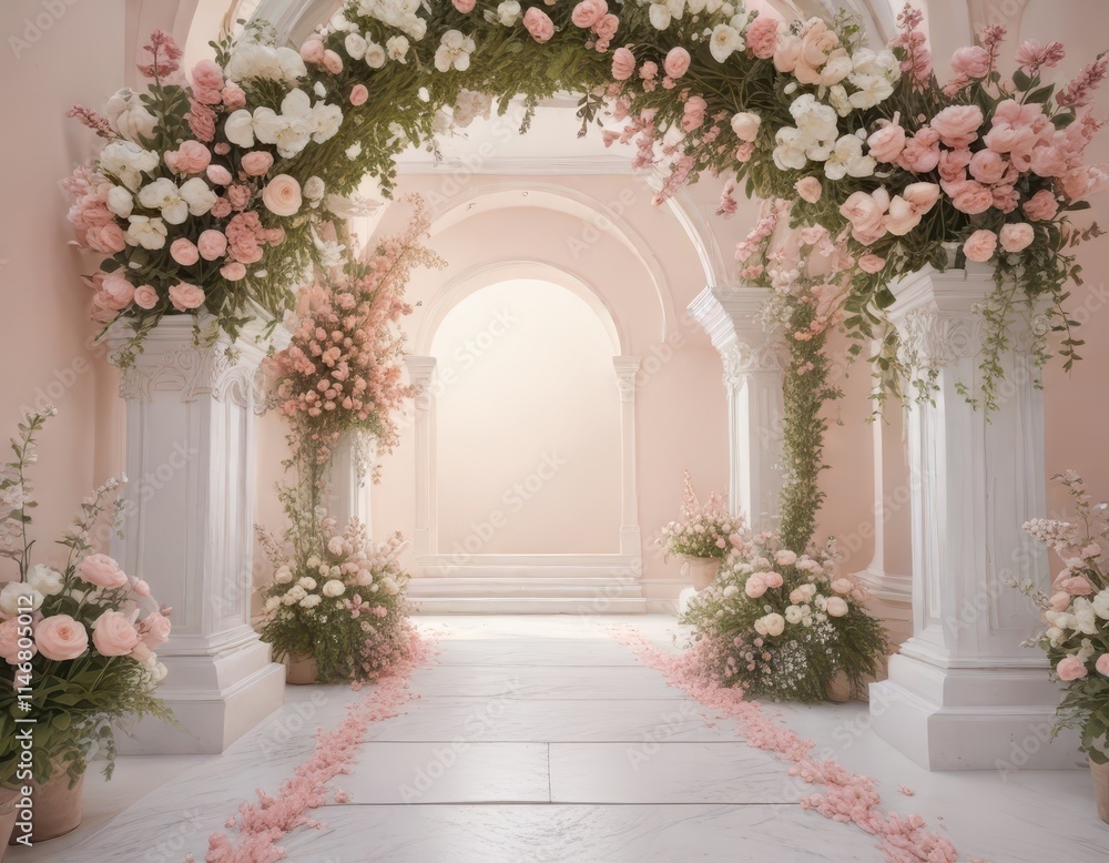 Delicate blooms arch over aisle, pastel palette, summer, spring Delicate blooms arch over aisle, pastel palette, summer, spring
