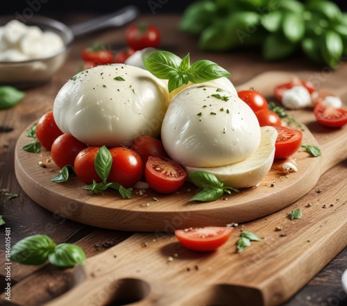 Hand-crafted mozzarella with vibrant tomatoes and basil , leaf, caprese salad, handmade photo