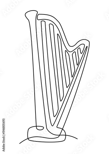 Musical instrument. Continuous line harp. String orchestra. Classic acoustic music. Ancient culture performance. Concert sounds. Play antique melody. Lyre tunes. Harpist art. Vector outline sketch