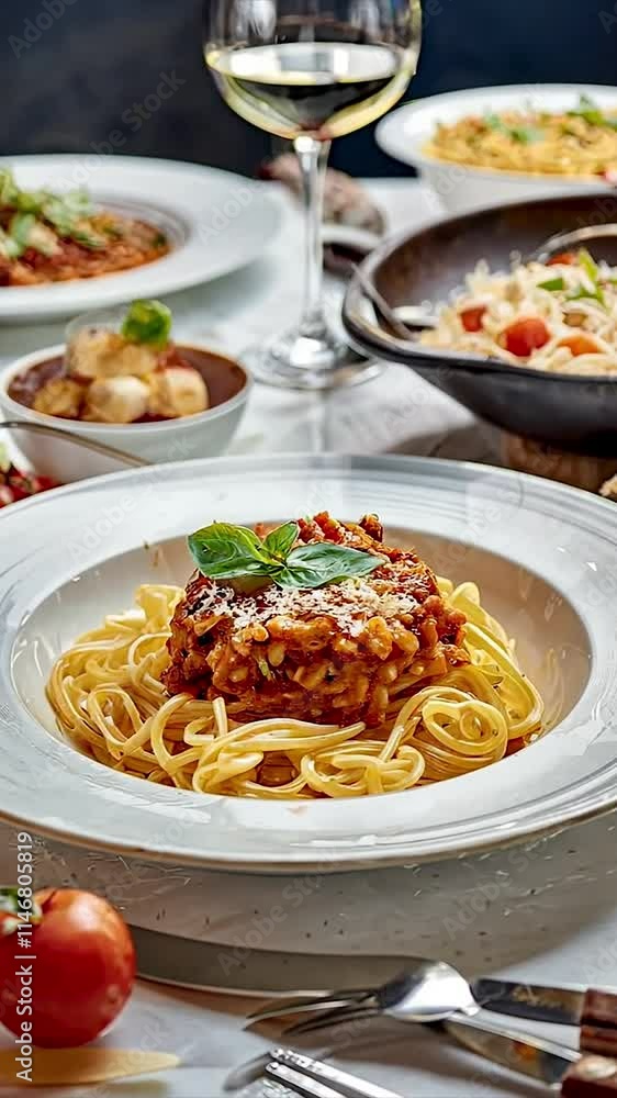 Spaghetti with bolognese sauce, basil, and grated cheese are served on a table with white wine. Spaghetti with bolognese sauce, basil, and grated cheese are served on a table with white wine.
