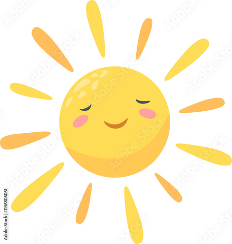 Cartoon sun with closed eyes and a charming smile radiates warmth and happiness, shining brightly in a cheerful, vibrant display of yellow and orange hues