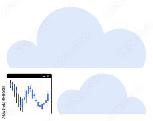 Two cloud icons with a data analytics chart window displaying fluctuating financial data. Ideal for cloud computing, data analysis, business intelligence, financial forecasting, technology, digital