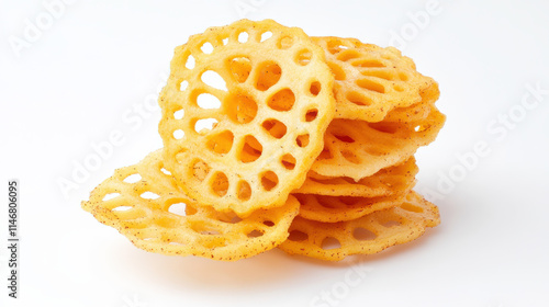 A clean white background featuring a vibrant stack of golden-yellow lotus root chips, crisply detailed and thinly sliced, arranged in a slight cascade. The chips are textured with a glossy sheen and s photo