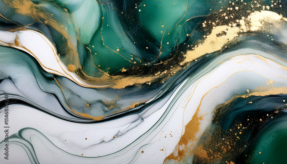 Obraz premium Abstrakcyjne jasne tło do projektu, tapeta, kolor biały, złoty, zielony, czarny, tekstura marmuru, wzór w kształcie fal