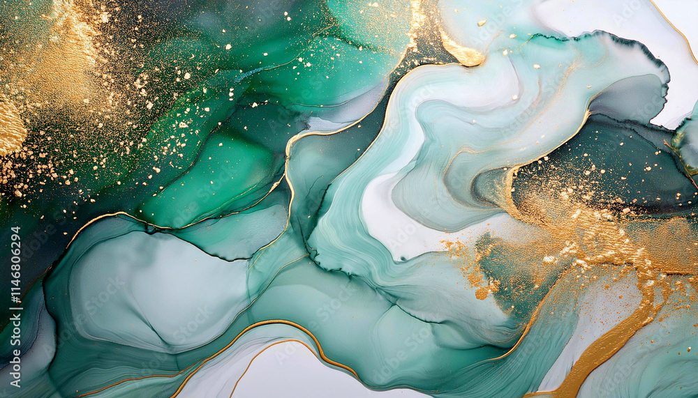 Fototapeta premium Abstrakcyjne jasne tło do projektu, tapeta, kolor biały, złoty, zielony, czarny, tekstura marmuru, wzór w kształcie fal