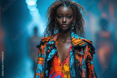 Vibrant Fashion Model on Runway in Artistic Attire