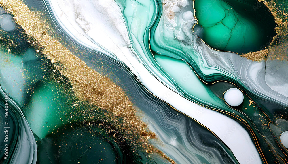 Fototapeta premium Abstrakcyjne jasne tło do projektu, tapeta, kolor biały, złoty, zielony, czarny, tekstura marmuru, wzór w kształcie fal