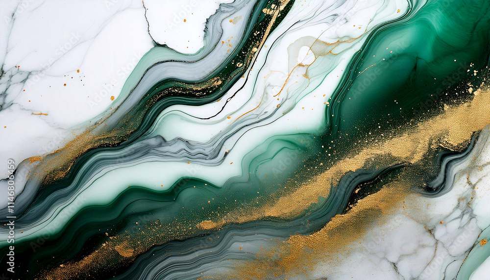 Fototapeta premium Abstrakcyjne jasne tło do projektu, tapeta, kolor biały, złoty, zielony, czarny, tekstura marmuru, wzór w kształcie fal