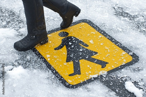 Woman s Boots on Icy Ground Pedestrian Crossing Winter Safety photo