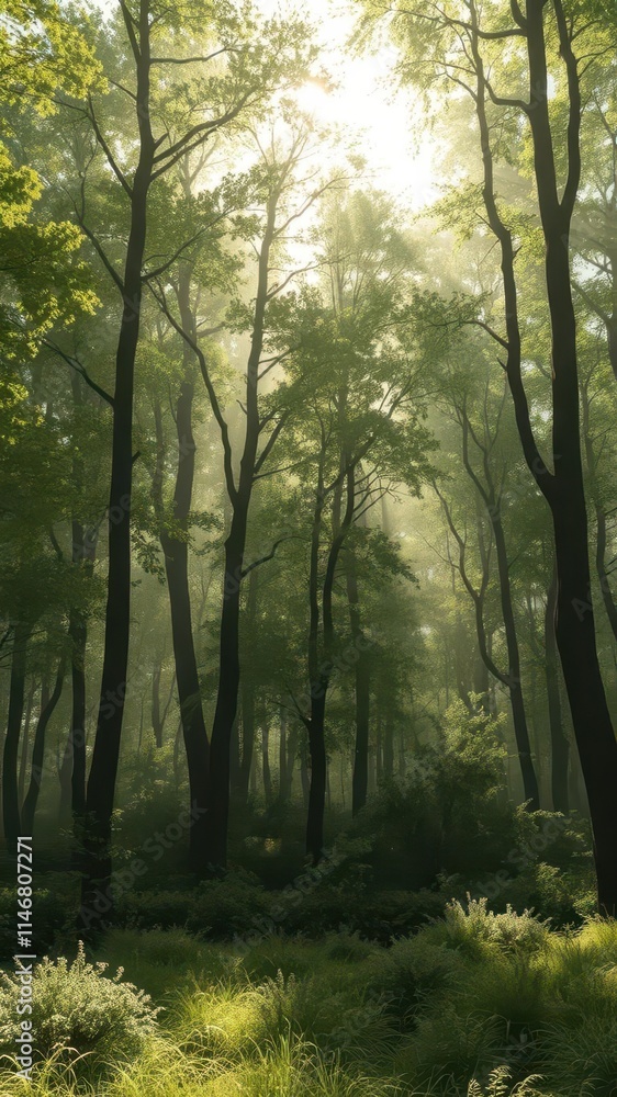 Obraz premium Misty green forest, sunlight filtering through dense canopy, atmosphere, shadows, nature
