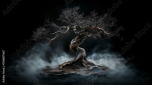 Twisted, Leafless Tree Emerging from Fog in Dark Setting AI Generated