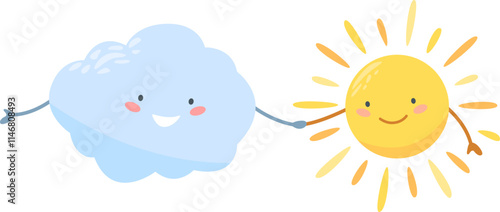 Sun and cloud holding hands and smiling, representing good weather and positive atmosphere, perfect illustration for children books or weather forecast
