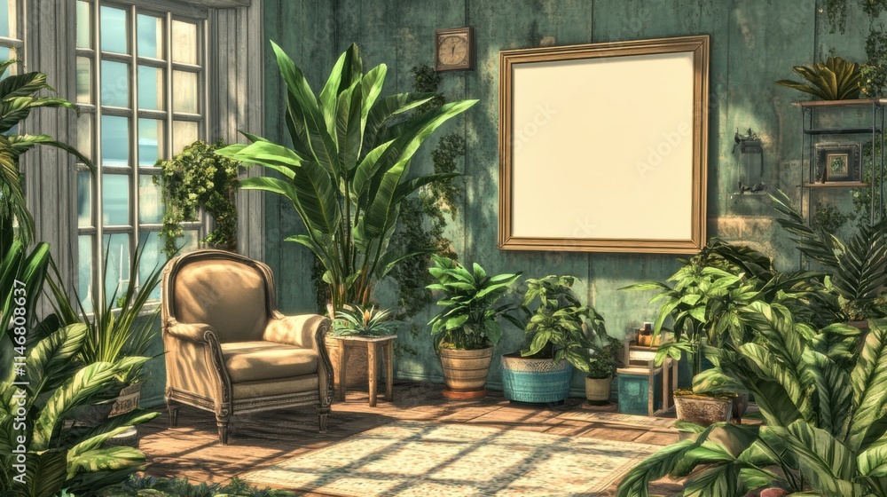 Serene Indoor Space with Lush Green Plants, Cozy Armchair, and Blank Canvas for Art, Perfect for Creating a Tranquil Atmosphere in Home Decor Serene Indoor Space with Lush Green Plants, Cozy Armchair, and Blank Canvas for Art, Perfect for Creating a Tranquil Atmosphere in Home Decor