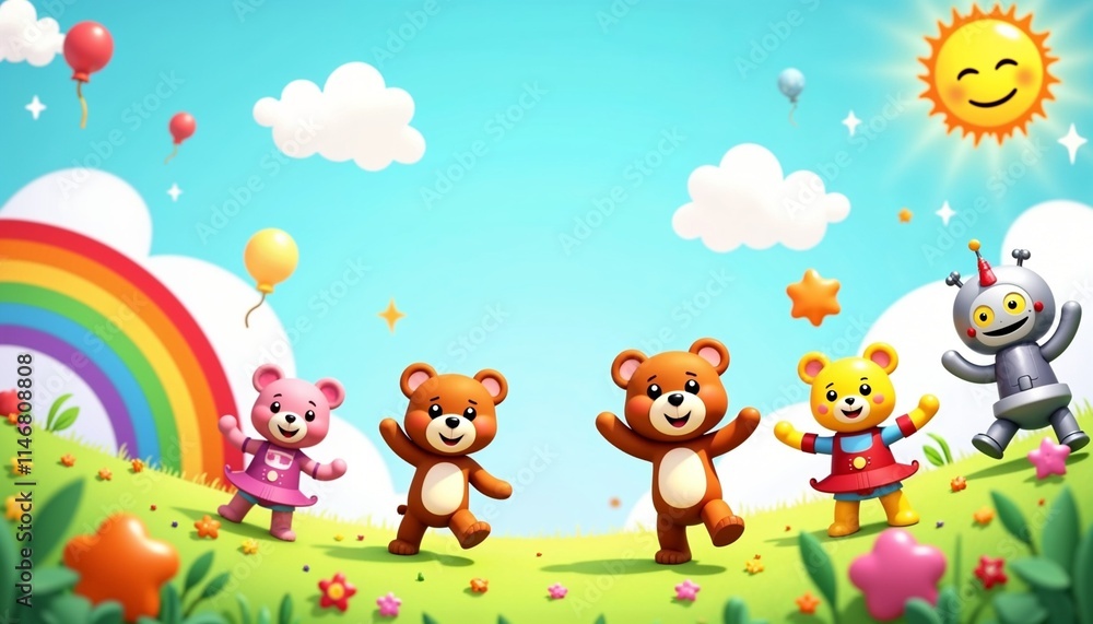Naklejka premium Colorful cartoon illustration of cheerful teddy bears and a rainbow in a sunny landscape 