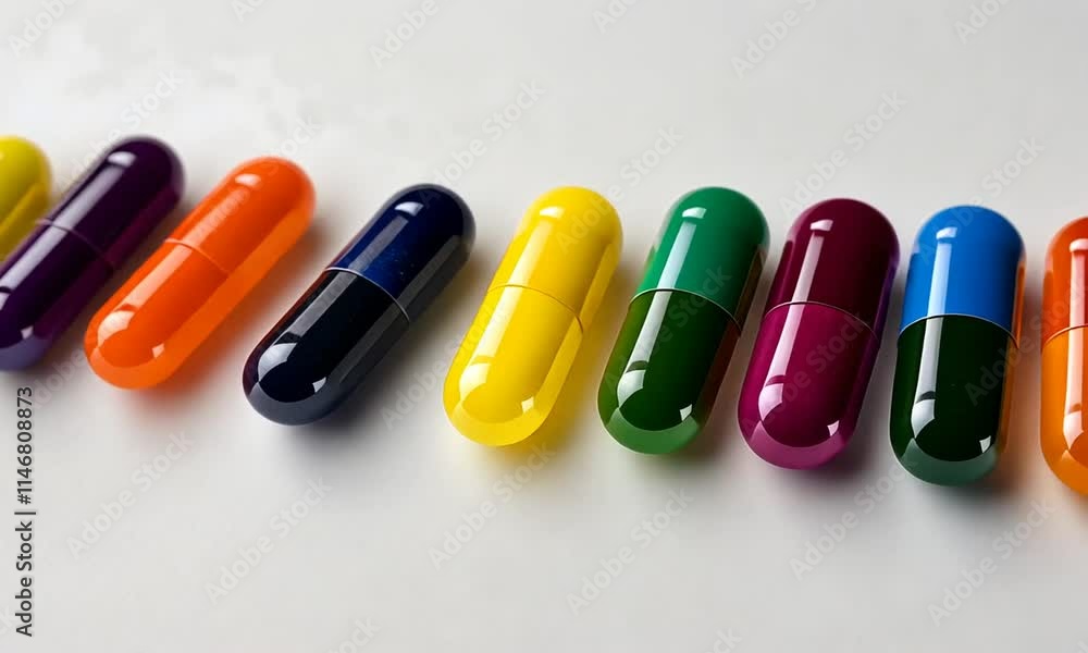 A row of colorful capsules arranged on a surface, suggesting health or dietary supplements. A row of colorful capsules arranged on a surface, suggesting health or dietary supplements.
