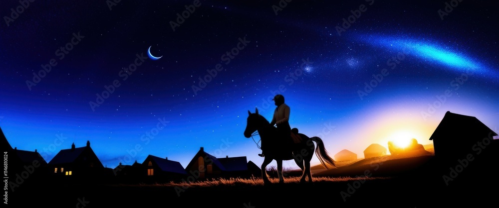Fototapeta premium Night sky, starry landscape, silhouette of cowboy on horse, desert scene, teepee tents, comet streaking across sky, vibrant sunset, blue and orange gradient sky, celestial panorama, western frontier, 