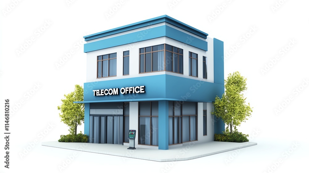 Modern telecom office building with trees, isolated on white background. Modern telecom office building with trees, isolated on white background.