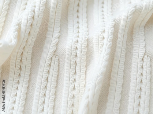 Soft, white cable knit fabric with a delicate, textured surface, soft, cable pattern