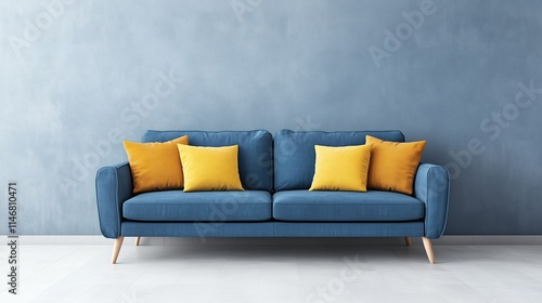 A blue couch with vibrant yellow pillows in a minimalistic room with a plain wall backdrop