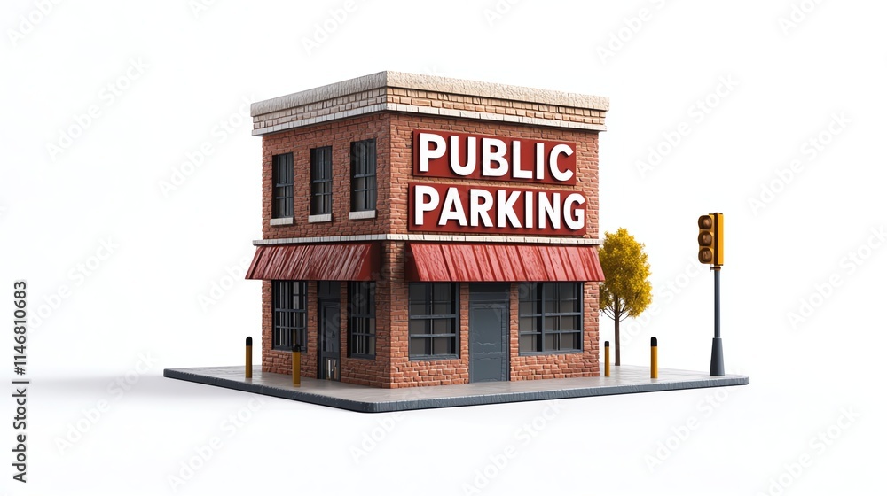 Public parking building with red brick facade, isolated on white background. Public parking building with red brick facade, isolated on white background.