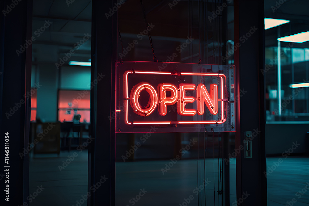 Neon open sign at night illuminating urban storefront ambiance Neon open sign at night illuminating urban storefront ambiance