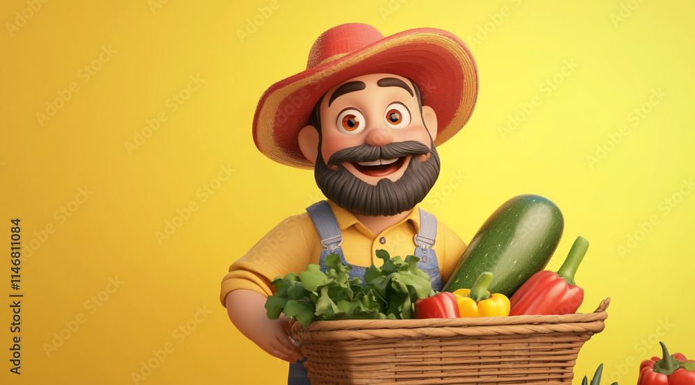 a farmer with vegetables, on a yellow background a farmer with vegetables, on a yellow background