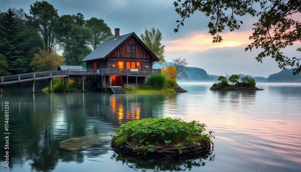 Obraz premium A wooden house on the lake, surrounded by trees and flowers, has an old bridge leading to it