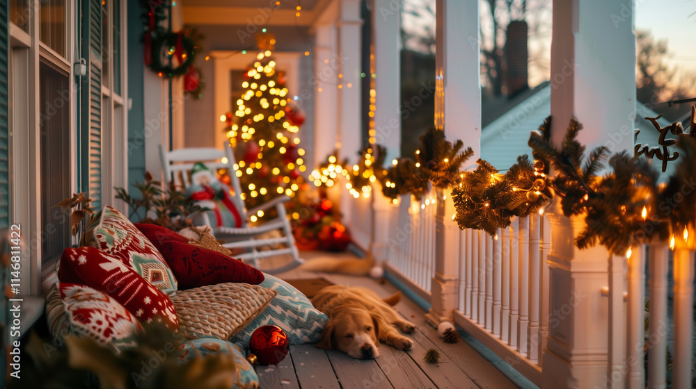 Fototapeta premium Cozy Christmas porch with golden retriever and festive lights. AI Generated