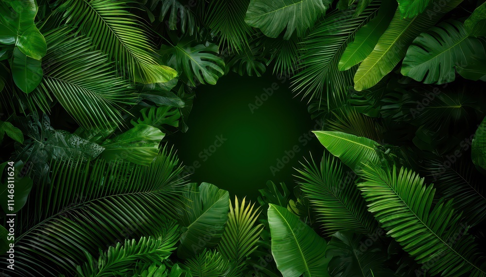 Fototapeta premium Lush green leaves create a vibrant canopy, framing a serene natural space beneath.