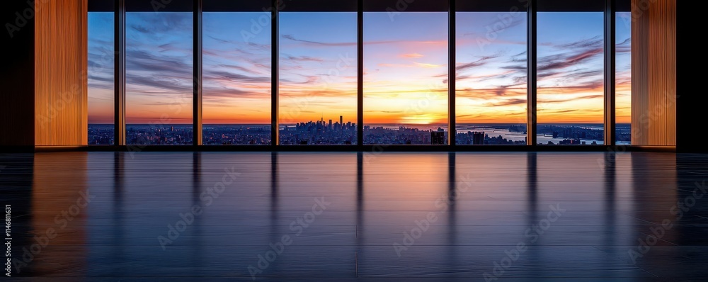 Fototapeta premium Modern interior space with large windows showcasing a vibrant sunset over the city skyline.