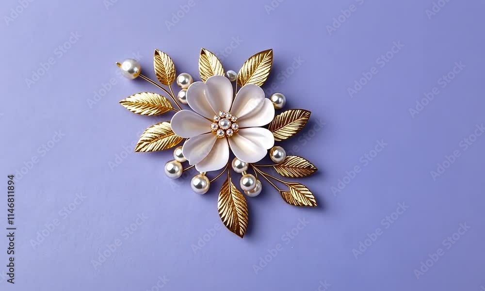 A decorative floral brooch featuring gold leaves and pearls on a soft purple background.
