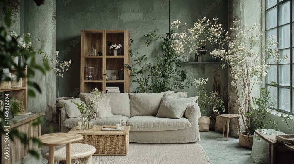 Fototapeta premium Serene living room with beige sofa, plants, and wooden furniture.