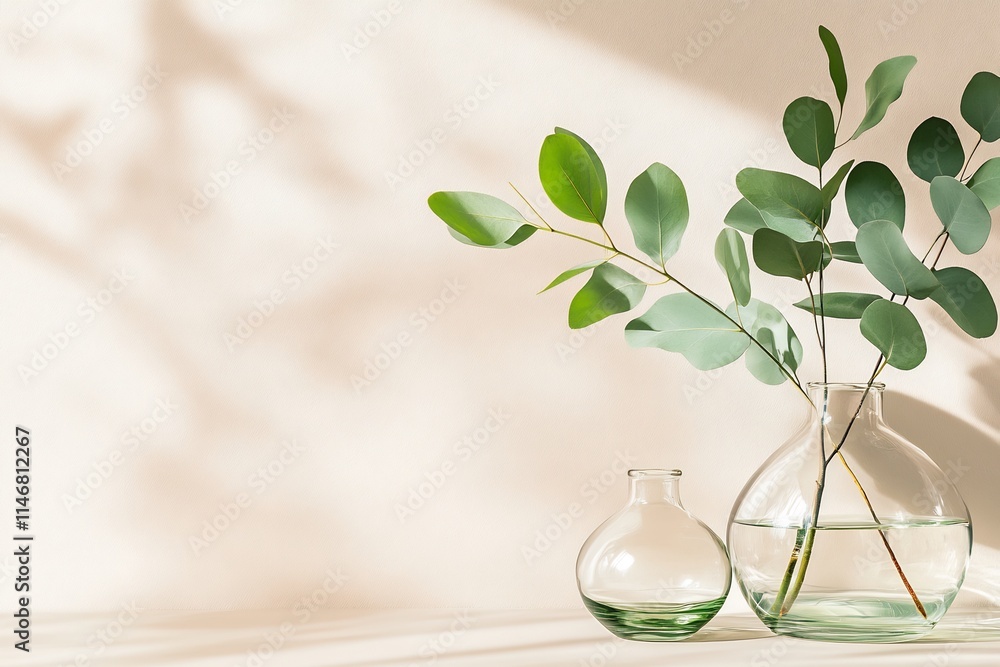 Eucalyptus Branches in Glass Vases, Minimalist Still Life Photography Eucalyptus Branches in Glass Vases, Minimalist Still Life Photography