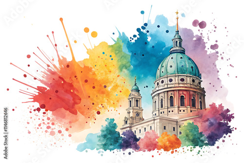 Create an image of a grand, classical building, reminiscent of a state capitol, rendered in a vibrant watercolor style.