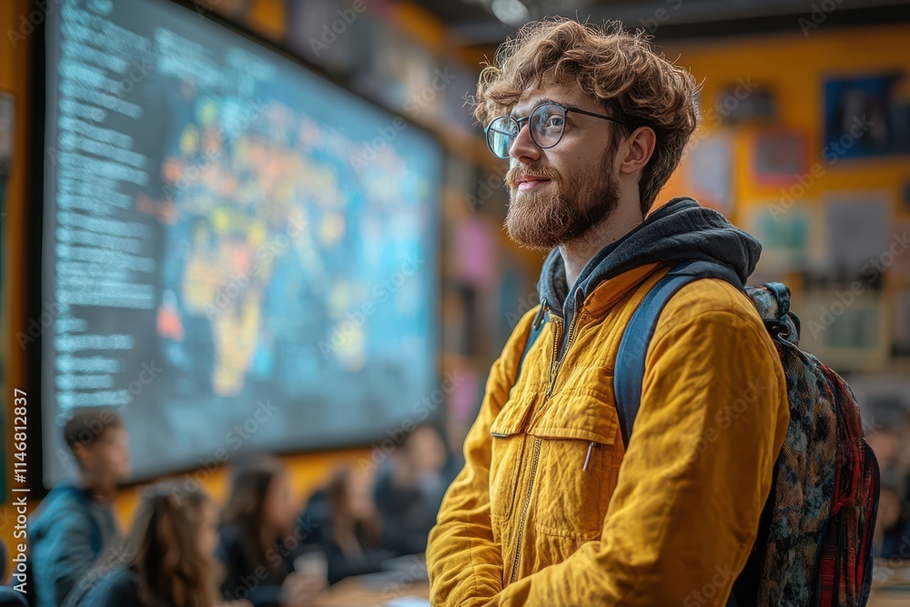 Young Man in Classroom with Digital Display Behind Him Young Man in Classroom with Digital Display Behind Him