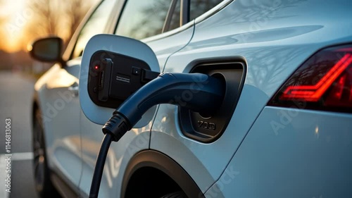 An electric car is plugged in and charging its battery