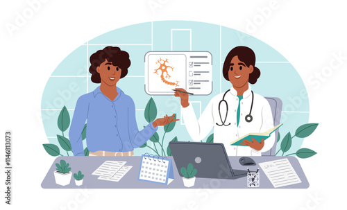 World Multiple Sclerosis Day. Doctor talking to patient in hospital. Doctor and patient with good news, health results, advice and report. Multiple Sclerosis Awareness.