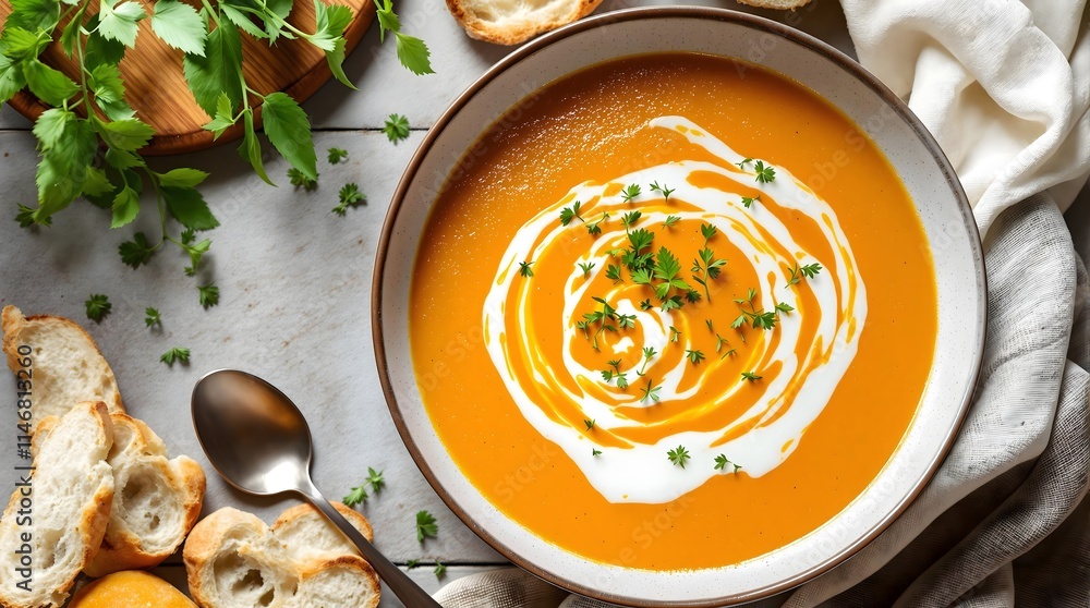 Kürbissuppe Creamy Pumpkin Soup Garnished with Herbs and Cream (Swiss Cuisine) Kürbissuppe Creamy Pumpkin Soup Garnished with Herbs and Cream (Swiss Cuisine)