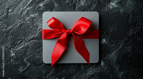 A gray gift card with a red ribbon on a dark background, top view photo