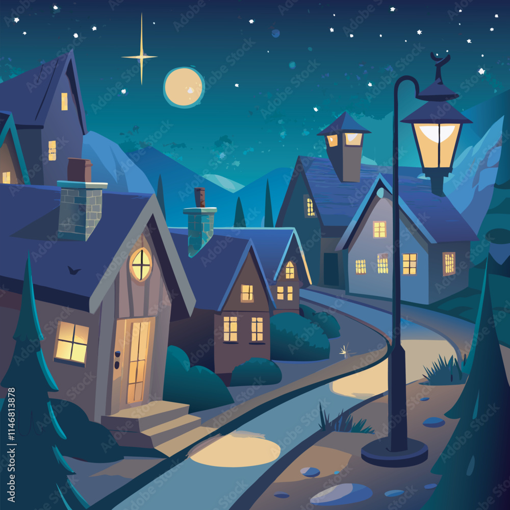 Fototapeta premium Snow-covered houses under the moonlight