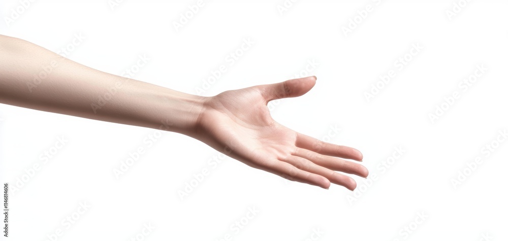 An outstretched hand reaching forward, symbolizing openness, invitation, and connection against a clean, white background.