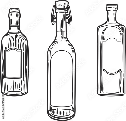 Three bottles with empty labels vector line drawing illustrations.