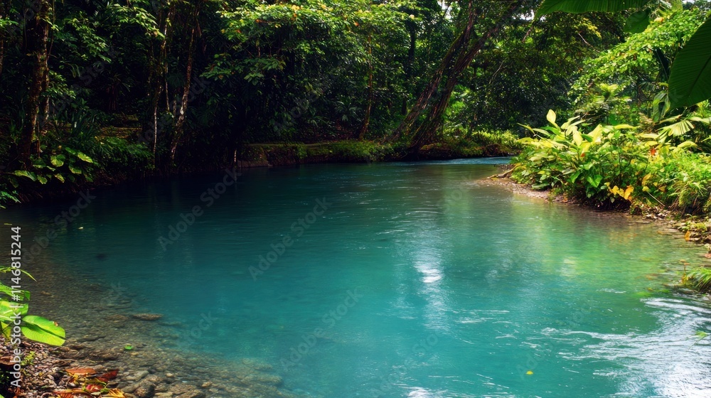 Serene turquoise river flowing through lush green rainforest. Serene turquoise river flowing through lush green rainforest.